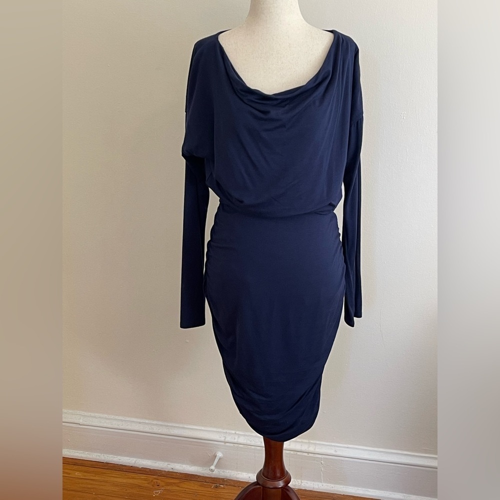 Athleta Navy Dolman Sleeve Ruched Modal Wool Dress | Size Small NWOT